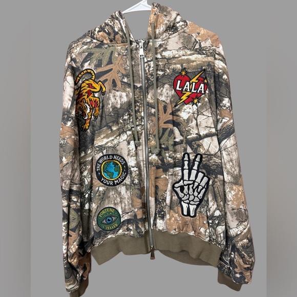 Dressed in lalaCamouflage Patch Zip-Up Hooded Jacket - Brown S/M - Picture 3 of 4